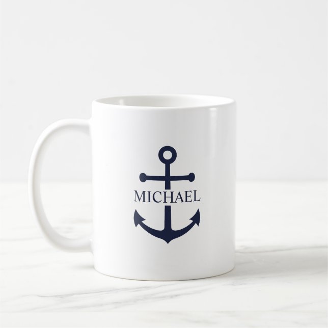 Nautisk marinblå ankare personligt namn kaffemugg (Vänster)