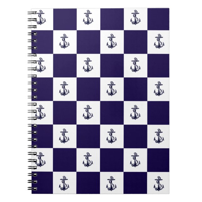 Nautisk marinblå ankare schackbräde anteckningsbok med spiral (Framsidan)