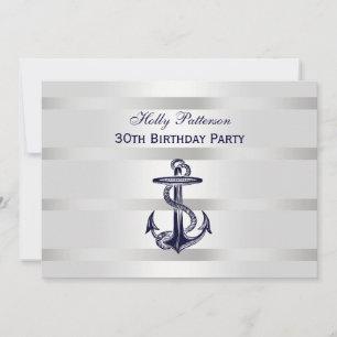 Nautisk marinblå ankare Silver WT BG H Birthday Inbjudningar