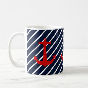 Nautisk marinblå diagonal rand röd ankar kaffemugg
