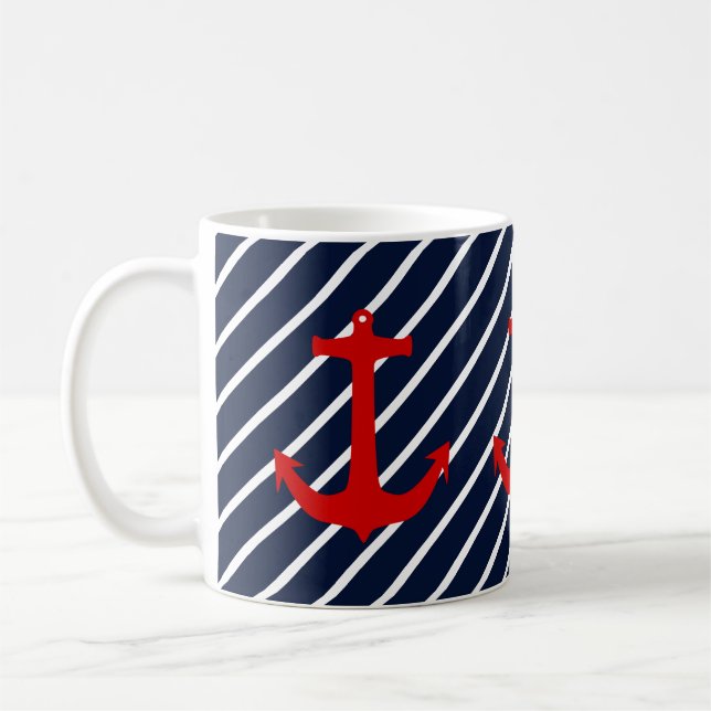 Nautisk marinblå diagonal rand röd ankar kaffemugg (Vänster)