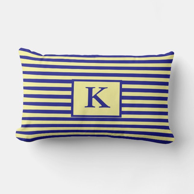 Nautisk marinblå gula monogram randiga söta lumbarkudde (Framsida)