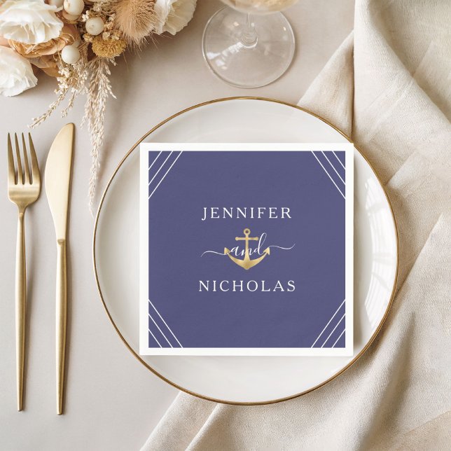 Nautisk marinblå guldankare bröllop pappersservett (Nautical Navy Blue Gold Anchor Wedding Napkins)