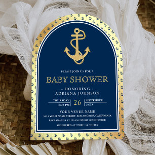 Nautisk marinblå guldankare välvd baby shower inbjudningar