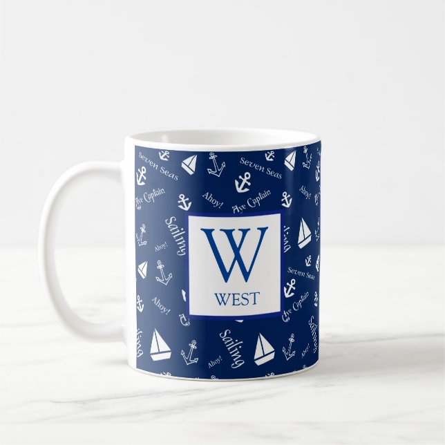 Nautisk marinblå kaffemugg med initialer (Vänster)