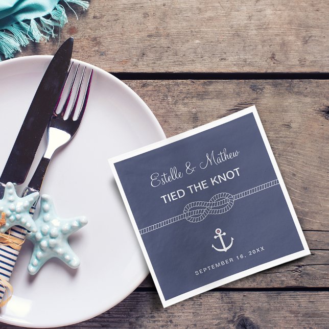 Nautisk marinblå knuten till Knot Bröllop Pappersservett (Nautical Navy Blue Tied the Knot Wedding Napkins)