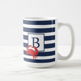 Nautisk marinblå randig röd krabba monogram kaffe kaffemugg
