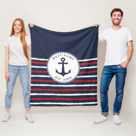 Nautisk marinblå rödvit ankare Namn Fleecefilt