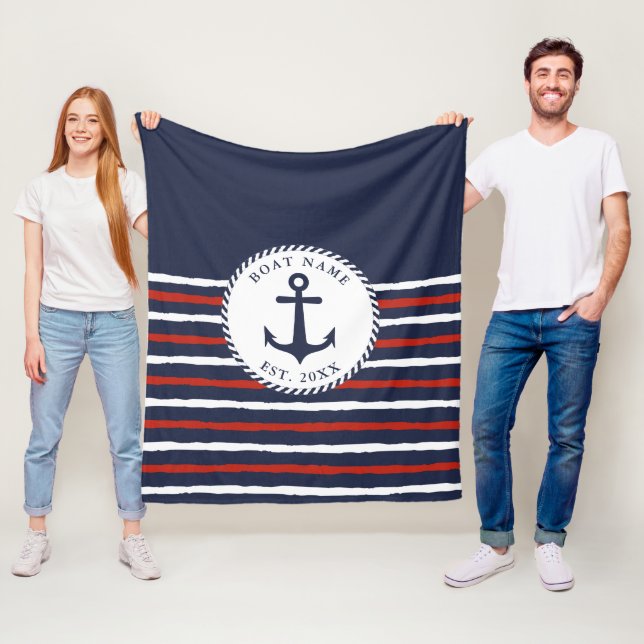 Nautisk marinblå rödvit ankare Namn Fleecefilt (På plats)