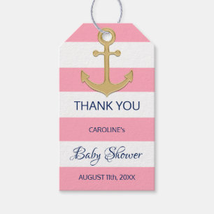 Nautisk marinblå rosa flickaBABY SHOWER för TACK Presentetikett