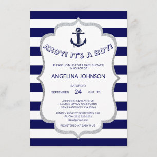 Nautisk marinblå vit görar randig BABY SHOWER Inbjudningar