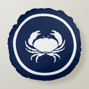 Nautisk marinblå vit lobbare CRAB Rund Kudde