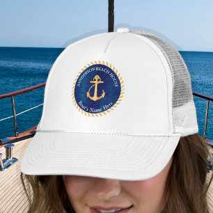 Nautisk marinblå vit Rand-ankarmonogram Keps