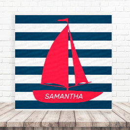 Nautisk marinblå vit randig röd båt monogram canvastryck