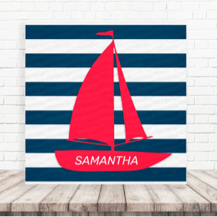 Nautisk marinblå vit randig röd båt monogram canvastryck