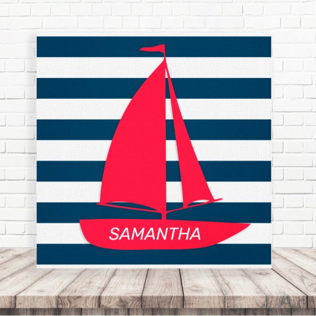 Nautisk marinblå vit randig röd båt monogram canvastryck (Skapare uppladdad)