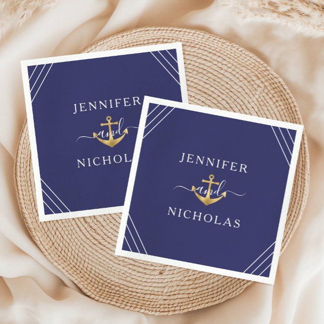 Nautisk marinblåa Guld Anchor Bröllop Pappersservett (Nautical Navy Blue Gold Anchor Wedding Napkins)