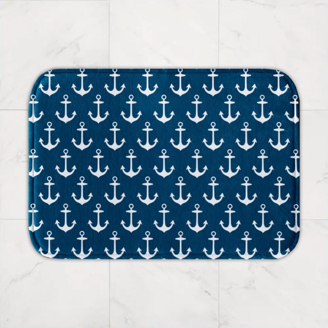 Nautisk marinblått och vitt fartyg Anchor Mönster Badrumsmatta (Skapare uppladdad)