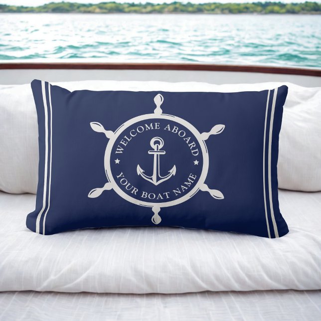 Nautisk marinblått välkomstbord (Anpassningsbar Bo Lumbarkudde (Nautical Navy Blue Welcome Aboard Custom Boat Name Lumbar Pillow)