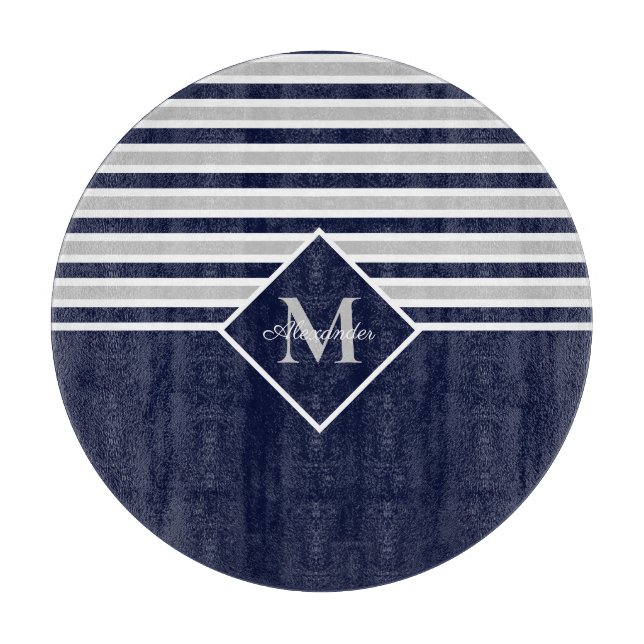 Nautisk modern marin blå Grått-monogram (Framsidan)