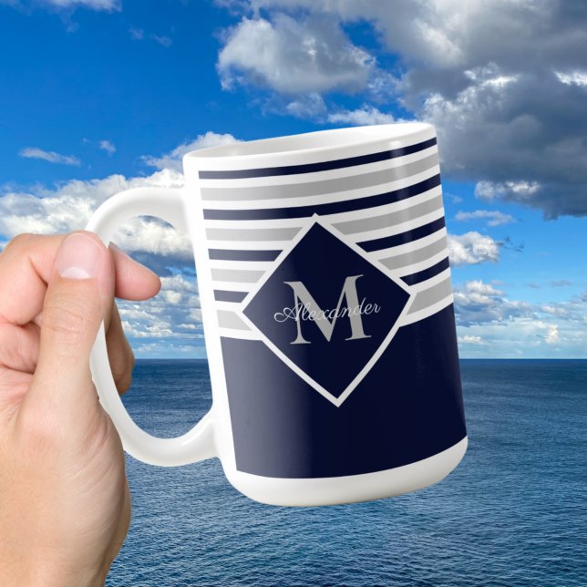 Nautisk modern marin blå Grått-monogram Kaffemugg (Skapare uppladdad)