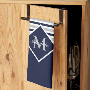 Nautisk modern marin blå Grått-monogram Kökshandduk