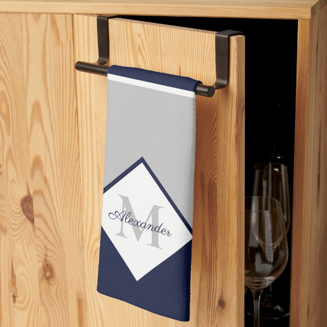 Nautisk modern marin blå Grått-monogram Kökshandduk (Thirds Fold)