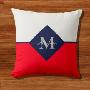 Nautisk modern marin blå röd monogrampil (Pillo) Kudde