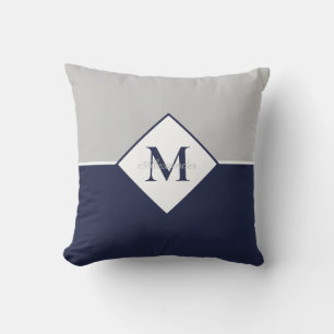 Nautisk Modern Navy Blue Grått Monogram Thundra Pi Kudde