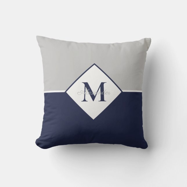 Nautisk Modern Navy Blue Grått Monogram Thundra Pi Kudde (Framsida)