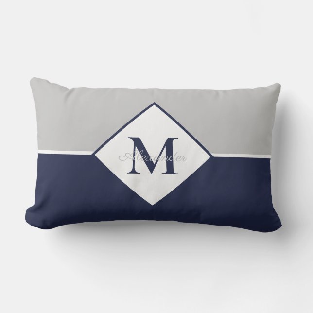 Nautisk Modern Navy Blue Grått Monogram Thundra Pi Lumbarkudde (Framsida)