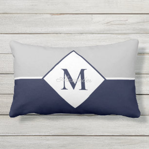 Nautisk Modern Navy Blue Grått Monogram Thundra Pi Lumbarkudde