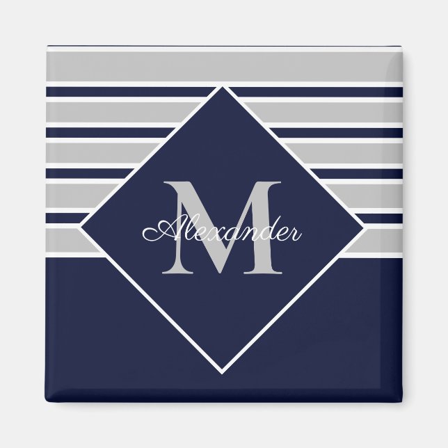 Nautisk Modern Navy Grått monogram Magnet (Framsidan)