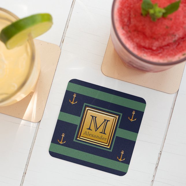 Nautisk Modernt Ankare Blått Guld Grönt Monogram Underlägg Papper Kvadrat (Skapare uppladdad)