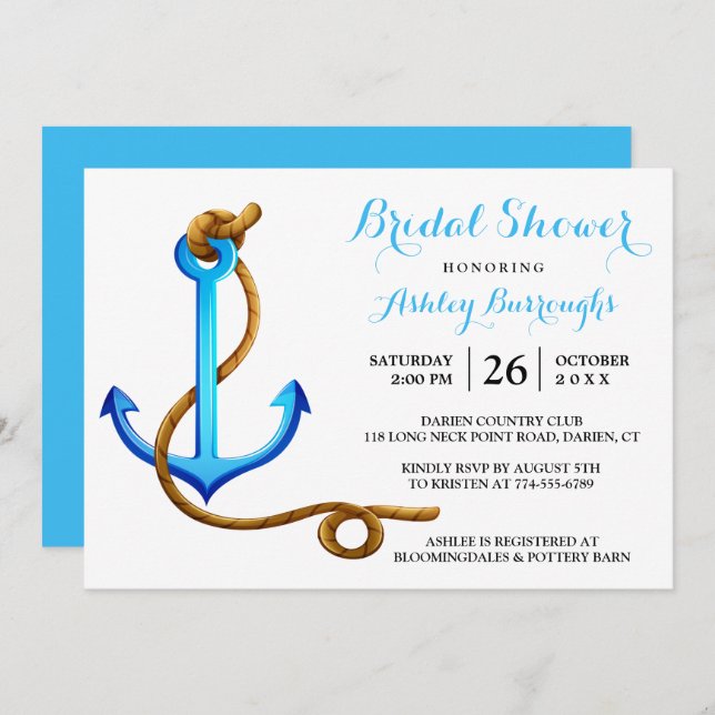 Nautisk Möhippa, Frakt Anchor Blue Turquise Inbjudningar (Fram/baksida)