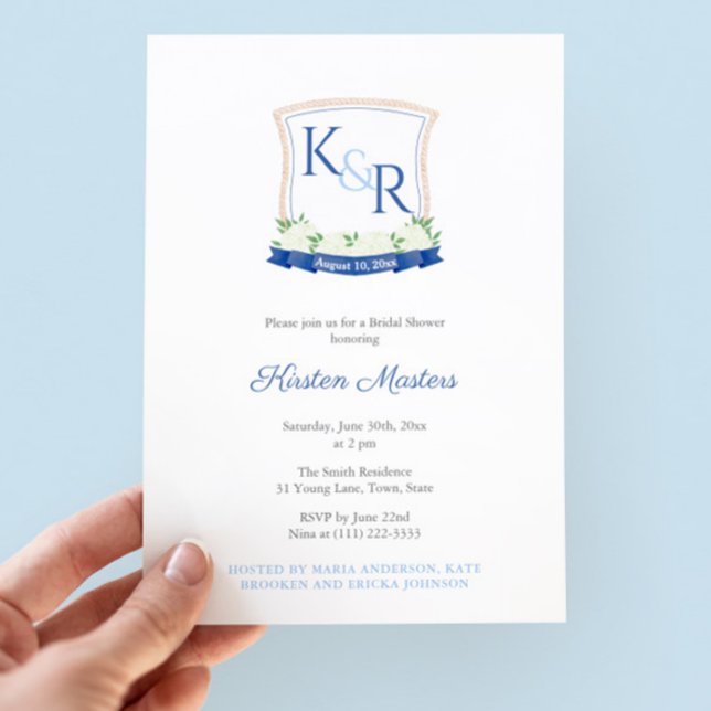 Nautisk Möhippa med Monogram-Vapensköld Inbjudningar (High-end bridal shower cards featuring a coastal monogram and navy blue and white striped backer)