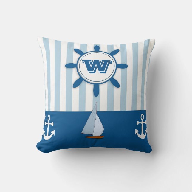 Nautisk monogram Blue White Rand Beach Kudde (Framsida)