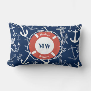 Nautisk monogram Marinblå Ankar-mönster Lumbarkudde