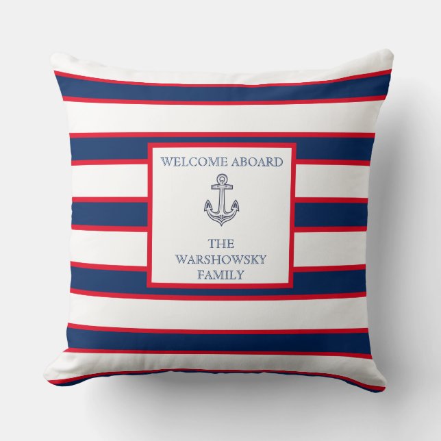 Nautisk monogram Rand Blue Navy White Red Kudde (Framsida)