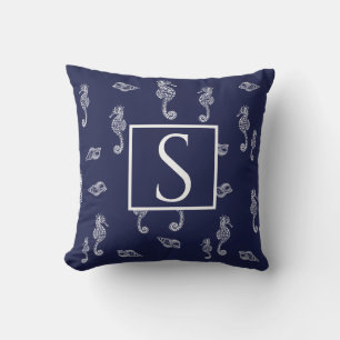 Nautisk monogram Seahorse snäcka Navy Blue White Kudde