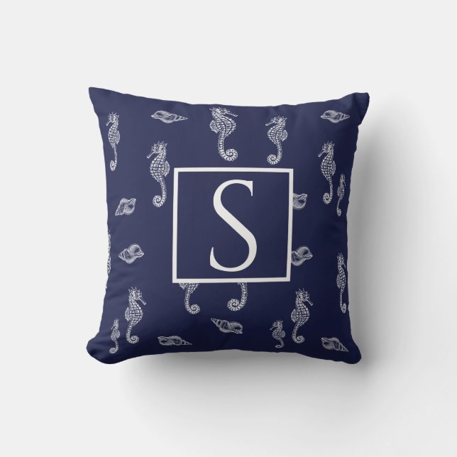 Nautisk monogram Seahorse snäcka Navy Blue White Kudde (Framsida)