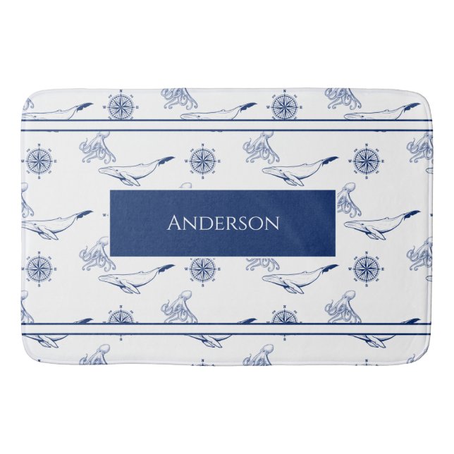 Nautisk monogram Whales och bläckfiskvit Badrumsmatta (Framsidan)