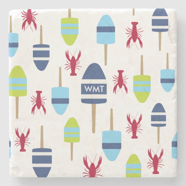 Nautisk monogrammed temaboj och hummer stenunderlägg (Framsidan)