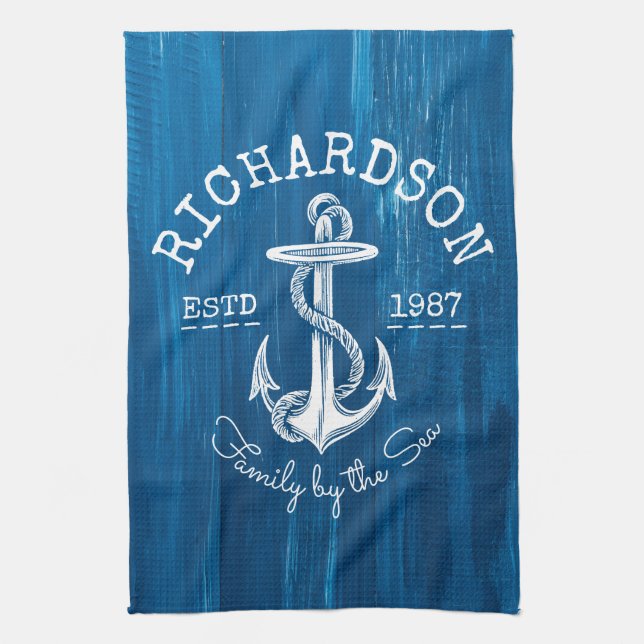 Nautisk Monogramvintage ankrar blått målat trä Kökshandduk (Vertikal)