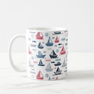 Nautisk Mönster med segelbåtar och fisk Kaffemugg