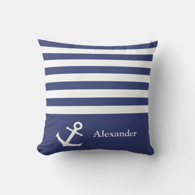 Nautisk Mörk blått och vit Rand Namn Anchor Kudde (Framsida)