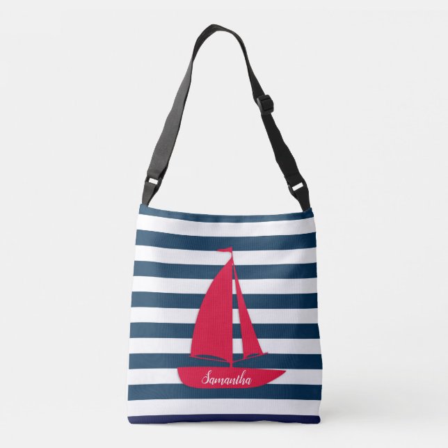 Nautisk Navy Blå Vit Randig Monogram Röd Båt Axelväska (Baksida)