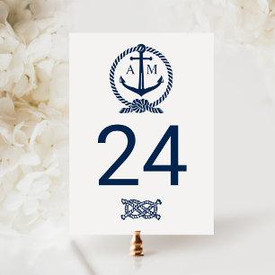 Nautisk Navy Monogram Bröllops Bordnummer Vykort