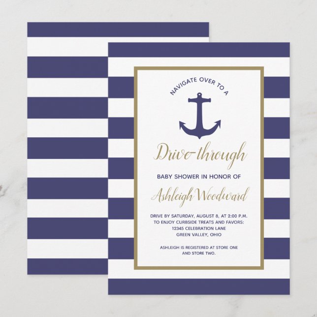 Nautisk Navy Ränder Drive-Through Baby Shower Inbjudningar (Fram/baksida)