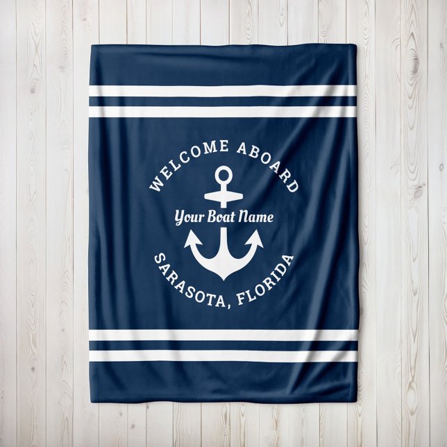Nautisk Navy Välkommen Ombord Båt Namn Fleecefilt (Skapare uppladdad)